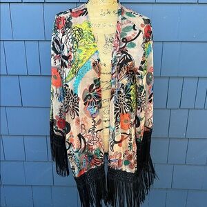 San Souci small sheer robe drape tan black fringe